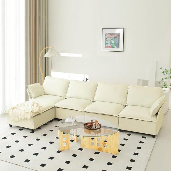 Akaber 130" L-Shaped Cloud Sectional Sofa, Modular Velvet Convertible Sofa Bed with Storage,Plush Living Room Couch (Beige)