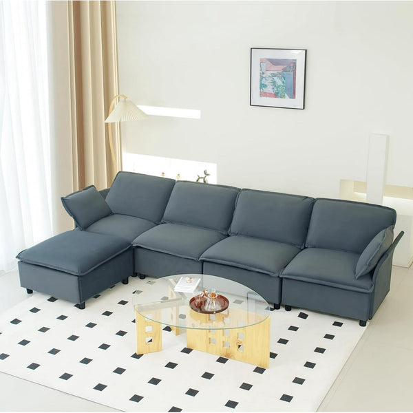 Akaber 130" L-Shaped Cloud Sectional Sofa, Modular Velvet Convertible Sofa Bed with Storage,Plush Living Room Couch (Grey)