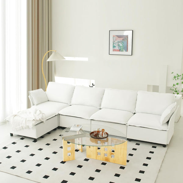 Akaber 130" L-Shaped Cloud Sectional Sofa, Modular Velvet Convertible Sofa Bed with Storage,Plush Living Room Couch (White)