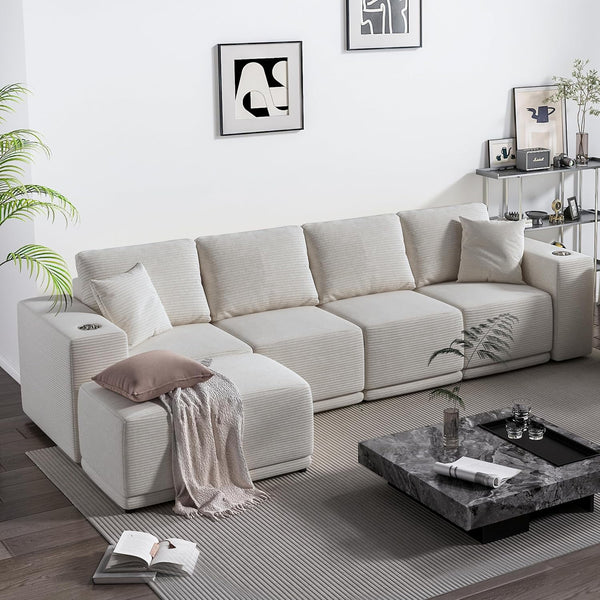 Akaber 130" Modular Sectional Sofa with L-Shape Chaise, 4-Seater Comfy Cloud Couch with Movable Ottoman, Deep Seat Couches for Living Room with Throw Pillows, Beige Grey