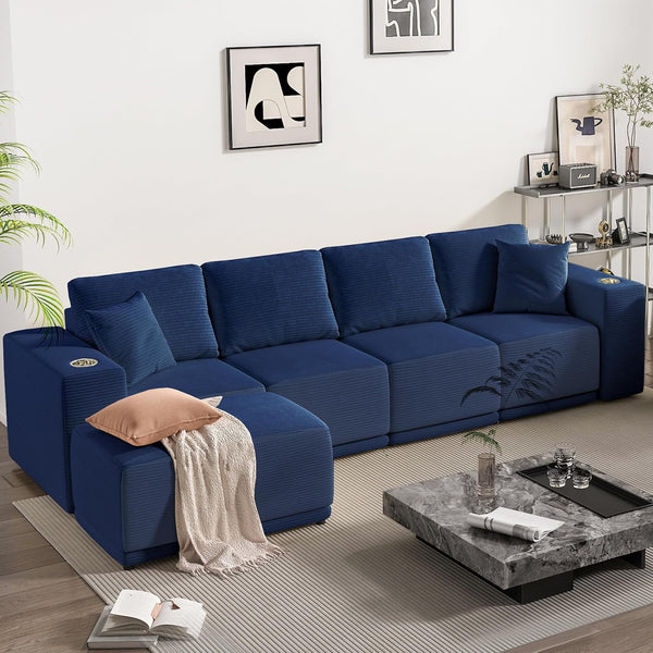 Akaber 130" Modular Sectional Sofa with L-Shape Chaise, 4-Seater Comfy Cloud Couch with Movable Ottoman, Deep Seat Couches for Living Room with Throw Pillows, Lake Blue