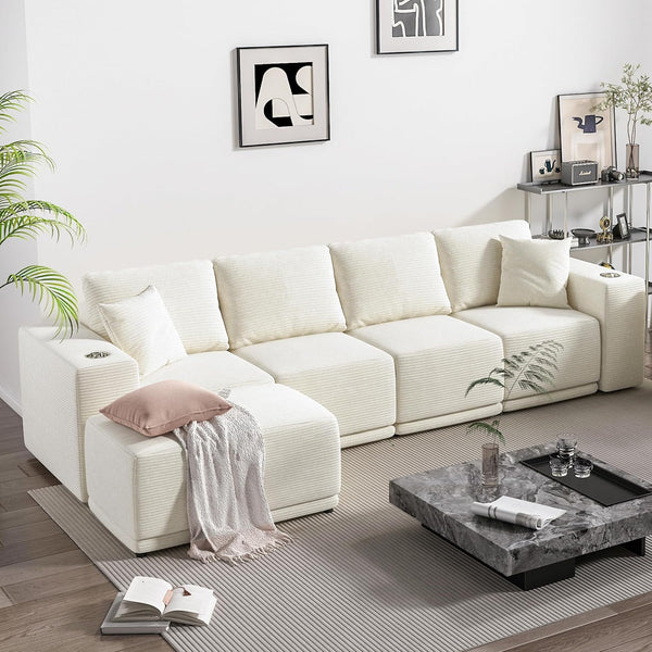 101" Modular Sectional Sofa with L-Shape Chaise, 3-Seater Comfy Cloud Couch with Movable Ottoman, Deep Seat Couches for Living Room with Throw Pillows