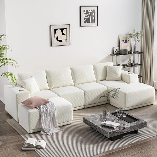 Akaber 130" Modular Sectional Sofa with U-Shape Chaise, 4-Seater Comfy Cloud Couch with Movable Ottoman, Deep Seat Couches for Living Room with Throw Pillows, White