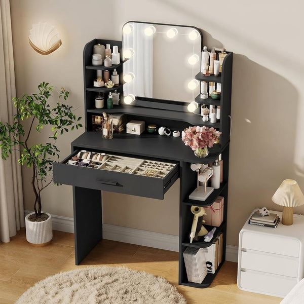 Akaber 31" Makeup Vanity with Mirror and Lights, Black Vanity Desk, 8 Shelves & 1 Big Drawer, Bedroom Vanity for Girls