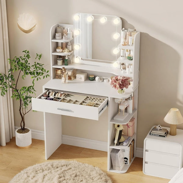 Akaber 31" Makeup Vanity with Mirror and Lights, White Vanity Desk, 8 Shelves & 1 Big Drawer, Bedroom Vanity for Girls