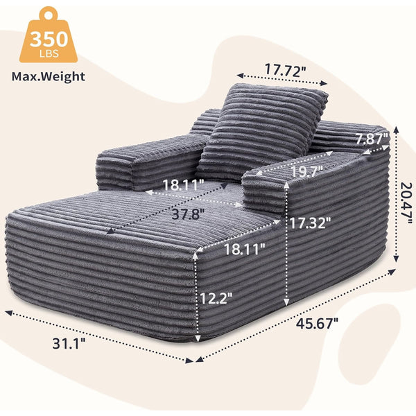Akaber 31″W Sleeper Couch, Chaise Lounge Chair Indoor, Soft Corduroy Boneless Reading Chairs for Living Room, Bedroom, Movie Room (Grey, Small)