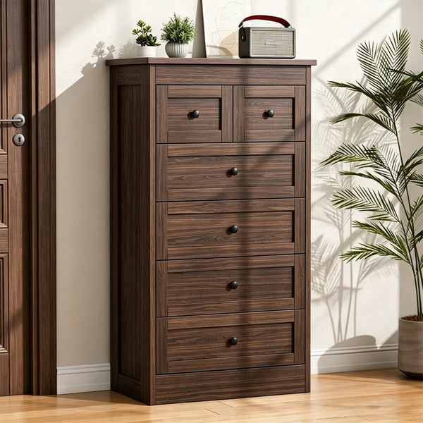 Akaber 43.3" Tall Dresser for Bedroom, Walnut Wood 6 Drawer Dresser with Video Assembly Guide, Anti-Tip Kit, Storage Organizer