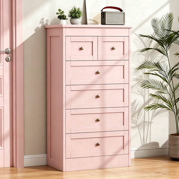 Akaber 43.3" Tall Dresser for Bedroom, Pink Wood 6 Drawer Dresser with Video Assembly Guide, Anti-Tip Kit, Storage Organizer