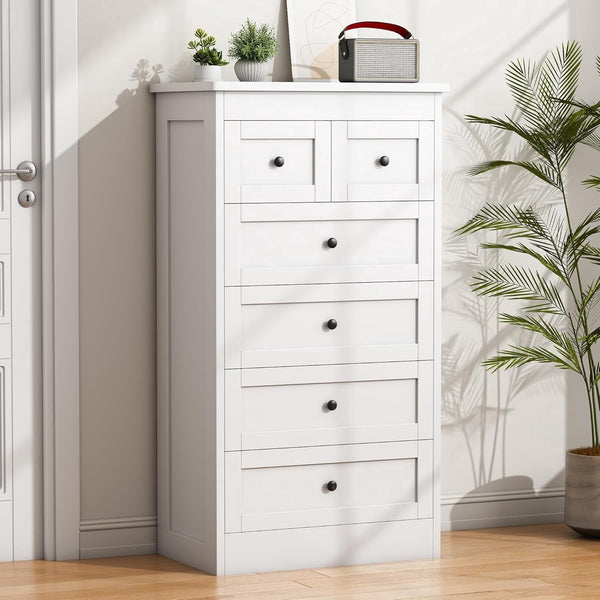 Akaber 43.3" Tall Dresser for Bedroom, White Wood 6 Drawer Dresser with Video Assembly Guide, Anti-Tip Kit, Storage Organizer