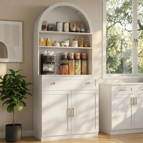 Akaber 71"H Pantry Cabinets with Doors and Shelves, Arched Modern Pantry Cabinets for Kitchen Storage with 1 Big Drawer and Spacious Countertop, White
