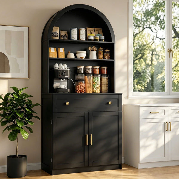 Akaber 71"H Pantry Cabinets with Doors and Shelves, Arched Modern Pantry Cabinets for Kitchen Storage with 1 Big Drawer and Spacious Countertop, White