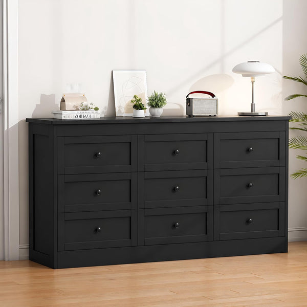 Akaber 9 Drawer Dresser for Bedroom, Black Modern 59''W Wood Dresser with Anti-Tip Kit, Storage Organizer