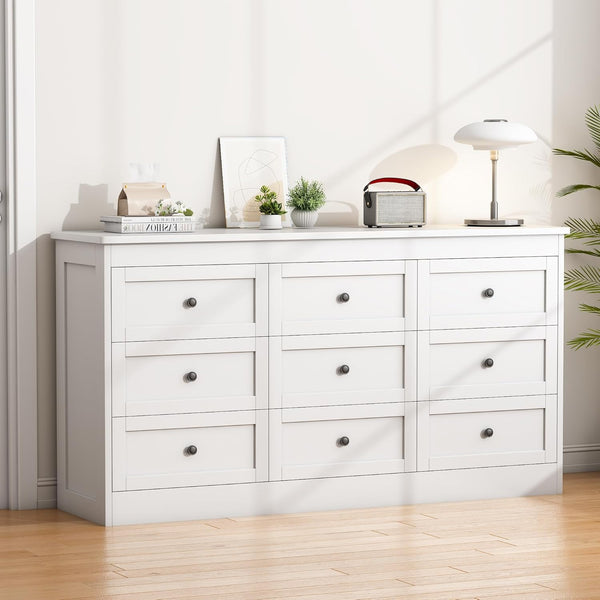 Akaber 9 Drawer Dresser for Bedroom, White Modern 59''W Wood Dresser with Anti-Tip Kit, Storage Organizer