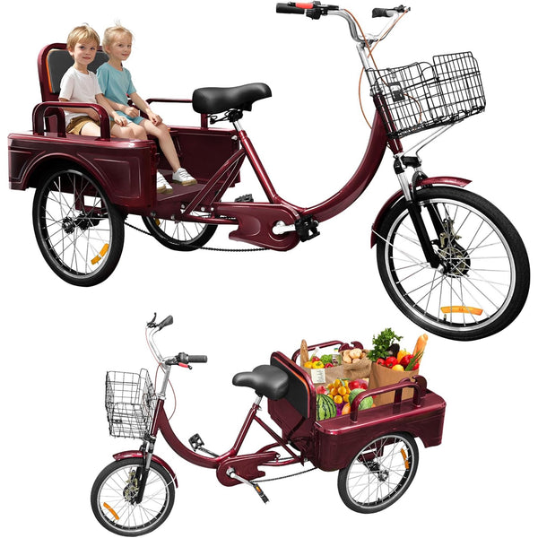 Adult Tricycle, 20 Inch 3-Wheel Bikes Carrying Passengers and Cargo, Trike for Adults with Front Baskets for Women, Seniors, Men, Low Step-Through Cruiser Bike for Cycling, Outing, Picnic