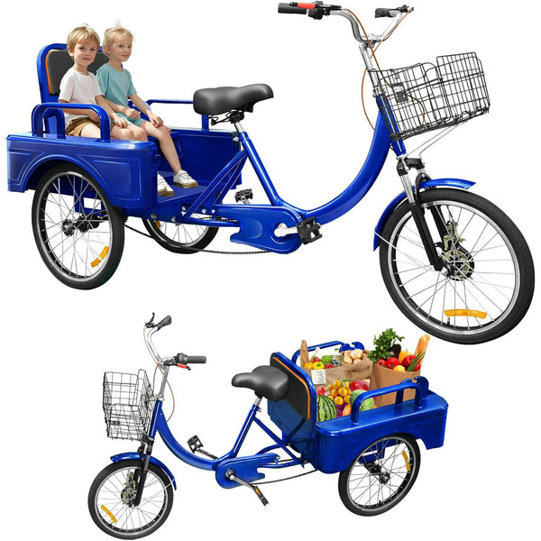 Adult Tricycle, 20 Inch 3-Wheel Bikes Carrying Passengers and Cargo, Trike for Adults with Front Baskets for Women, Seniors, Men, Low Step-Through Cruiser Bike for Cycling, Outing, Picnic