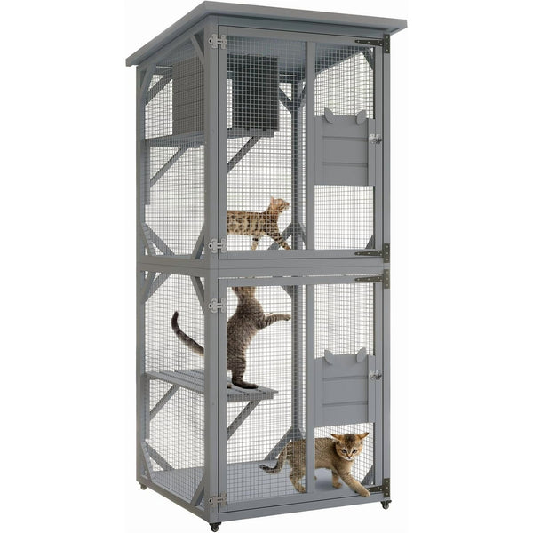 Akaber Cat House Outdoor Enclosure with 3 Platforms, Weatherproof Kitty Catio, Resting Box, 4 * 360° Wheels, Fir Wood Cat Furniture for Indoor Outdoor