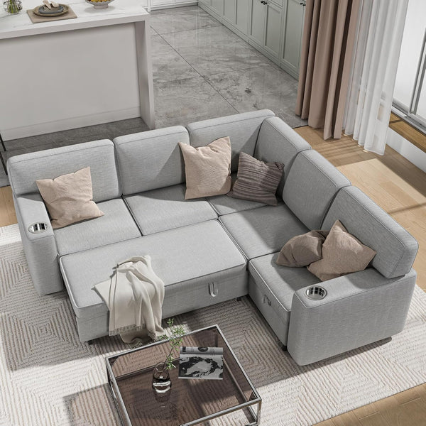 Akaber Convertible Modular Sectional Sleeper Sofa with Pull Out Bed, 5-Seat L Shaped Couch Sofas with Storage for Living Room