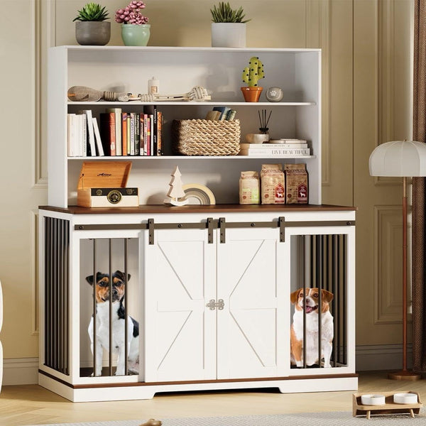 Akaber Dog Crate Furniture, Double Dog Crate for 2 Dogs with Storage Shelves, Wooden Dog Kennel, Heavy Sturdy Indoor Double Door Cage for Small Medium Large Dogs