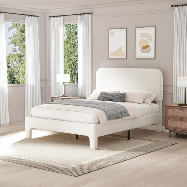 Full Bed Frame, Upholstered Bed Frame with Rounded Corners, Soft Cloud Bed Frames in Modern Style, Noise-Free Structure, Easy Assembly, Cream
