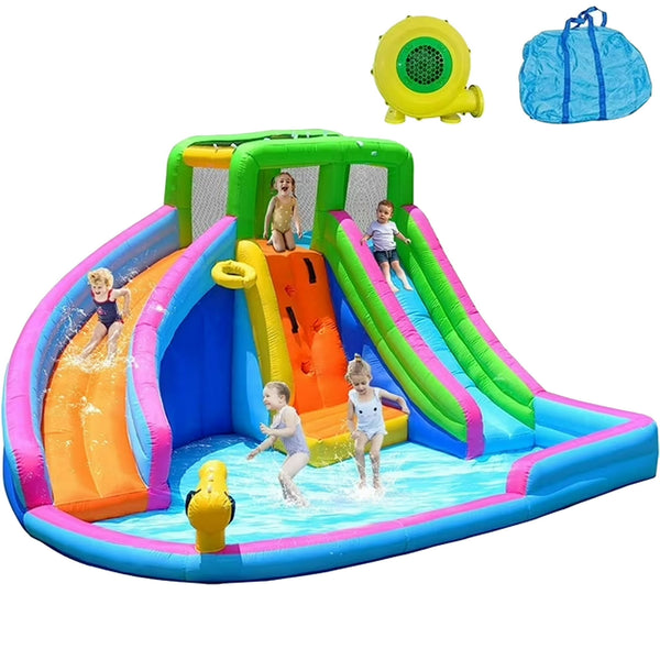 Akaber Inflatable Water Slide, 8 in 1 Water Slides Inflatables for Kids and Adults, 2 Large Water Slide with Air Blower, Splash and Deep Pool, Climbing Wall, Bounce House