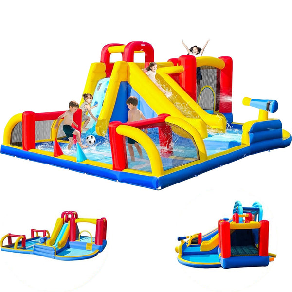 Akaber Inflatable Water Slide for Kids, Summer 8-in-1 Giant Water Park with Bounce House, Basketball Hoop, Soccer Zone, Climbing Wall, Pool & Slide, Blow Up in 2 Mins for Backyard Outdoor Fun