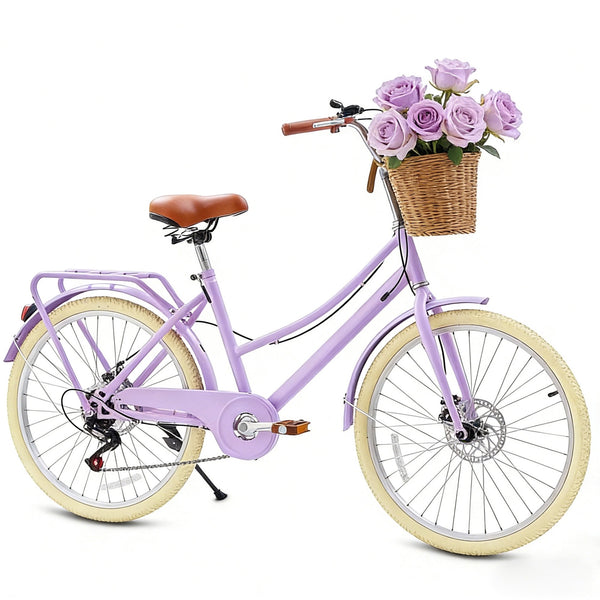 Akaber Kids Bike for Girls, 24 Inch Kids Bicycles for 6-15, 7-Speed Retro Cruiser with Rattan Basket, Lightweight Carbon Steel Frame, Dual Disc Brakes