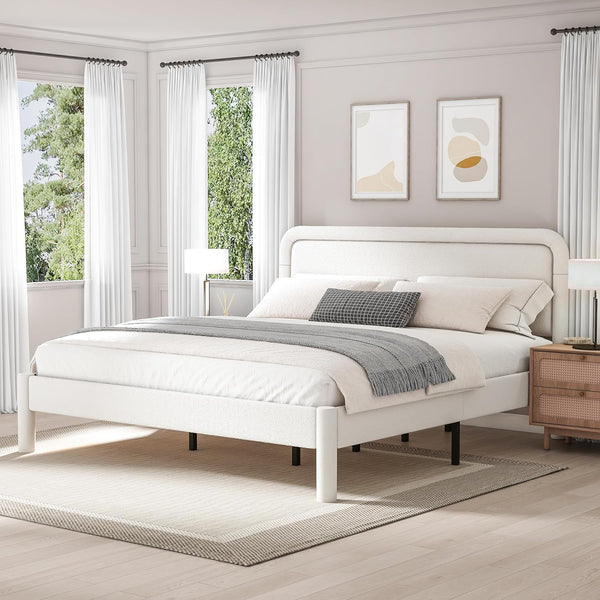 King Bed Frame, Upholstered Bed Frame with Rounded Corners, Boucle Soft Cloud Bed Frame in Modern Style, Noise-Free Structure, Easy Assembly, Cream