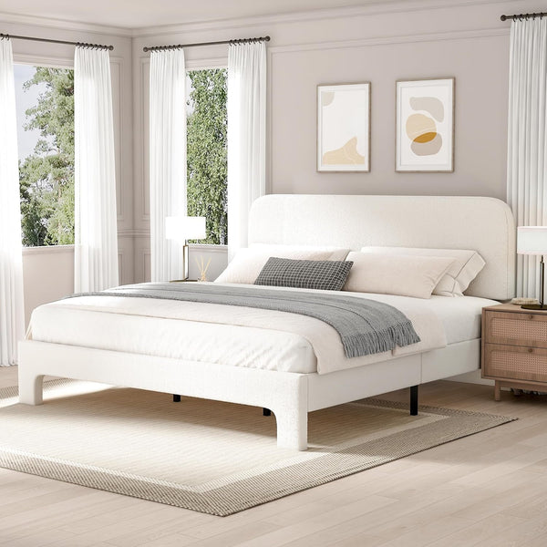 Akaber King Bed Frame, Upholstered Bed Frame with Rounded Corners, Boucle Soft Cloud Bed Frames in Modern Style, Noise-Free Structure, Easy Assembly, Cream