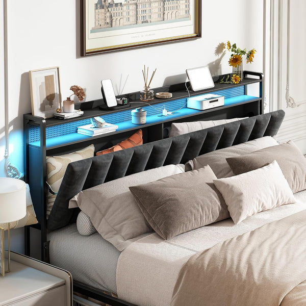 Akaber King Size Headboard only, Upholstered Headboard for Bed with Hidden Storage and Charging Station, LED Lights, Adjustable, Easy Assembly, Black (King (U.S. Standard))