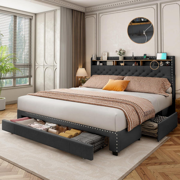 Akaber King-Size Upholstered Platform Bed Frame with 2-Tier Storage Headboard, 3 Drawers, USB Port, LED Lights, Black