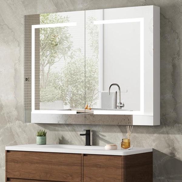 Akaber LED Medicine Cabinet, 30" x 36" Aluminum Bathroom Mirror with Defogger, 2 Outlets & 2 USB Ports, Wall Mount Double Door Mirror Cabinet