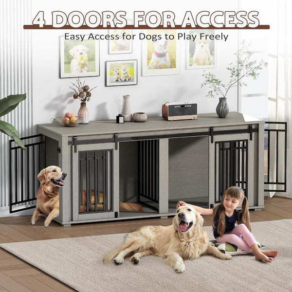 Akaber Large Dog Crate Furniture for 2 Dogs, Upgrade 71" Pro XXL Sliding Door Heavy Duty Dog Kennel Furniture with Divider, Steel Frame Indoor Double Dog Crate for Large Medium Small Dogs, Light Grey