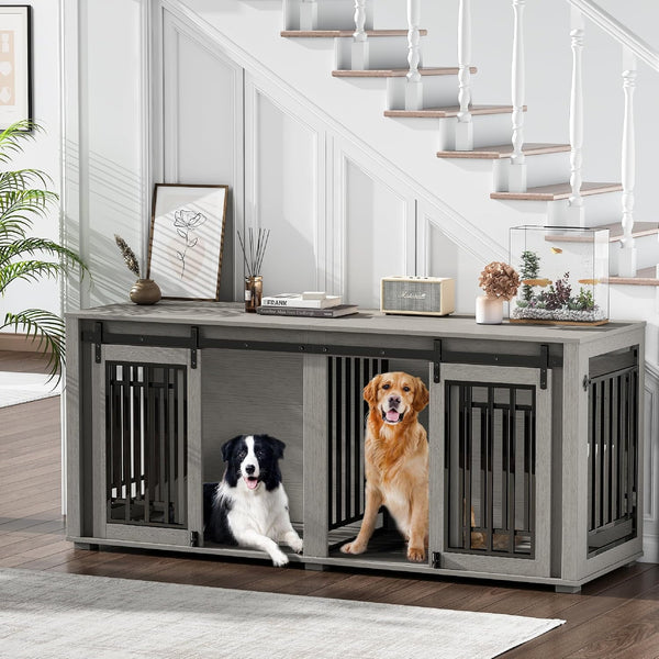 Large Dog Crate Furniture for 2 Dogs, Upgrade 71" Pro XXL Sliding Door Heavy Duty Dog Kennel Furniture with Divider, Steel Frame Indoor Double Dog Crate for Large Medium Small Dogs