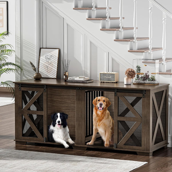 Large Dog Crate Furniture Indoor for 2 Dogs, 70'' Farmhouse Steel Frame Wooden Dog Kennel with Adjustable Division Board and Sliding Doors for Small Medium Large Dogs