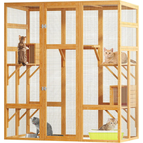 Akaber Large Outdoor Cat Enclosures with 7 Platforms & 2 Resting Rooms, Fir Wood Catio House with Waterproof UV Protection Roof, Indoor Outdoor Cat Furniture