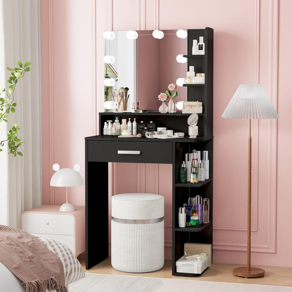 Akaber Makeup Vanity Desk with Mirror and Lights, 26.4" Small Vanity with Large Drawer and 6 Level Storage, Black Vanity with 3 Color Lighting Modes