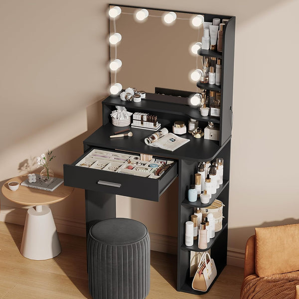 Akaber Makeup Vanity Desk with Mirror and Lights, 26.4" Small Vanity with Large Drawer and 6 Level Storage, Black Vanity with 3 Color Lighting Modes