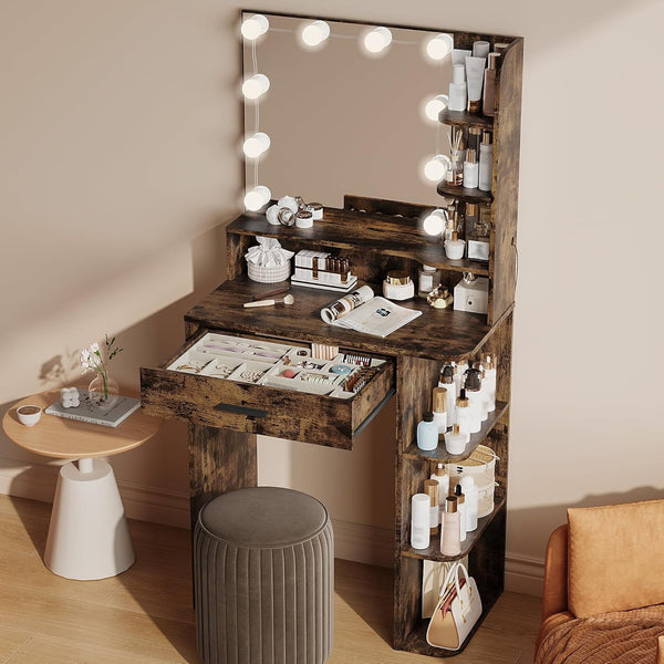 Akaber Makeup Vanity Desk with Mirror and Lights, Small Vanity Mirror with Lights with Large Drawer