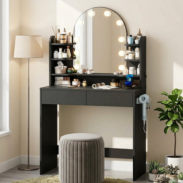 Akaber Makeup Vanity with Mirror and LED Lights, 3 Color Lighting, Power Outlet, Small Vanity Desk with 2 Drawers, 6 Shelves, Dressing Table for Small Spaces