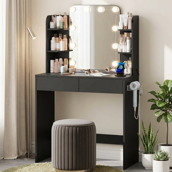 Akaber Makeup Vanity with Mirror and LED Lights, 3 Color Lighting, Power Outlet, Small Vanity Desk with 2 Drawers, 6 Shelves, Dressing Table for Small Spaces