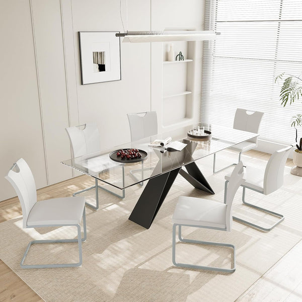 Akaber Modern Dining Chairs Set of 6, Faux Leather Upholstered Dining Room Side Chair with High Back, Metal Legs and Portable Handle, Armless Kitchen Chairs Set, White