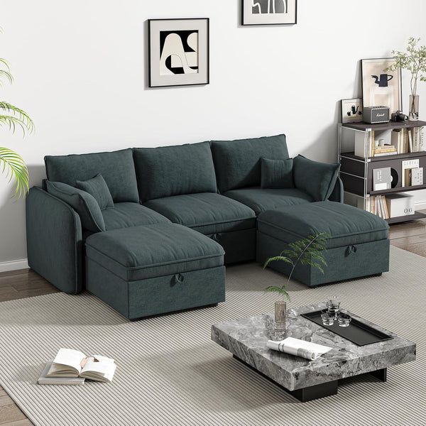 Akaber Modular Sectional Sofa, 107 Inch U Shaped Couch with Movable Storage Ottoman, 25 Inch Deep Seat, Cloud Couches for Living Room, Grayish Green