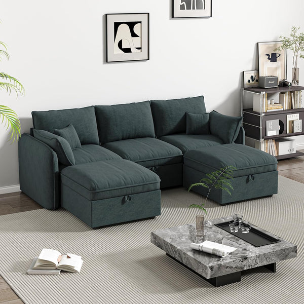 Modular Sectional Sofa, Loveseat Couches with Movable Storage Ottoman, 25 Inch Deep Seat, Cloud Couches for Living Room