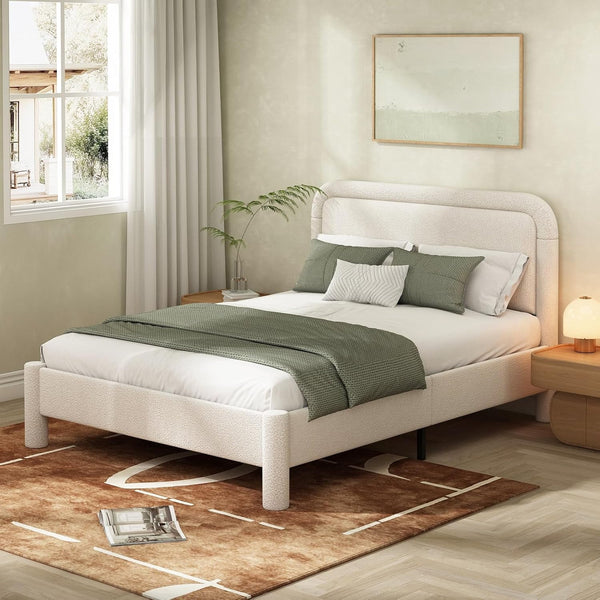 Akaber Queen Bed Frame, Upholstered Bed Frame with Rounded Corners, Soft Cloud Bed Frame in Modern Style, Noise-Free Structure, Easy Assembly, Cream