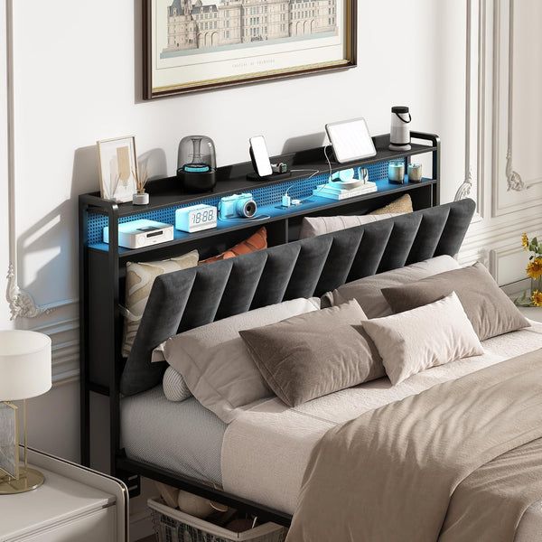 Akaber Queen Size Headboard only, Upholstered Headboard for Bed with Hidden Storage and Charging Station, LED Lights, Adjustable, Easy Assembly, Black (Queen (U.S. Standard))