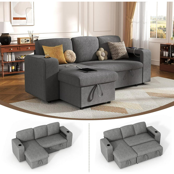 Akaber Sectional Sleeper Sofa, 3 Seats Modular L Shaped Cloud Couch with Pull Out Sofa Bed, Storage Chaise, USB Charging, Adjustable Backrest