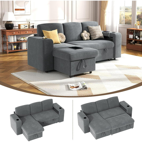Akaber Sectional Sleeper Sofa, 3 Seats Modular L Shaped Cloud Couch with Pull Out Sofa Bed, Storage Chaise, USB Charging, Adjustable Backrest