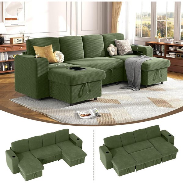 Akaber Sectional Sleeper Sofa, 4 Seats Modular L Shaped Cloud Couch with Pull Out Sofa Bed, Storage Chaise, USB Charging, Adjustable Backrest