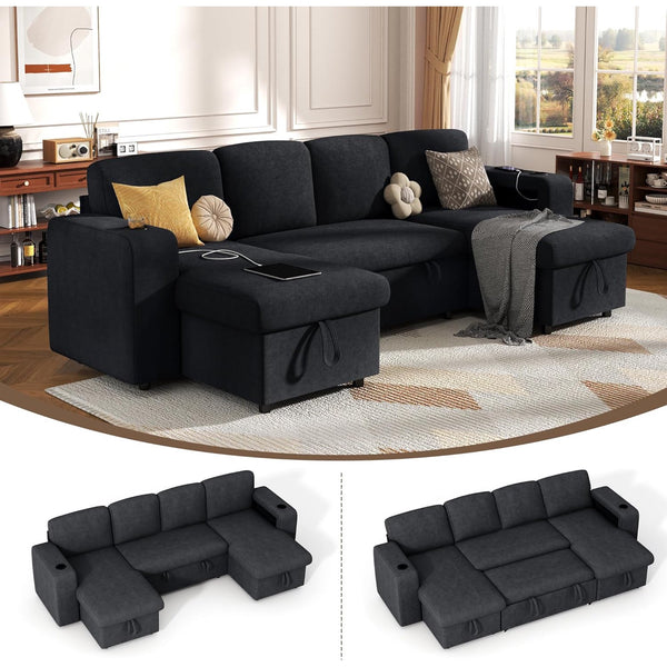 Akaber Sectional Sleeper Sofa, 4 Seats Modular L Shaped Cloud Couch with Pull Out Sofa Bed, Storage Chaise, USB Charging, Adjustable Backrest