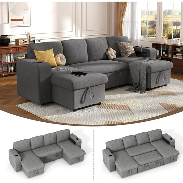Akaber Sectional Sleeper Sofa, 4 Seats Modular L Shaped Cloud Couch with Pull Out Sofa Bed, Storage Chaise, USB Charging, Adjustable Backrest